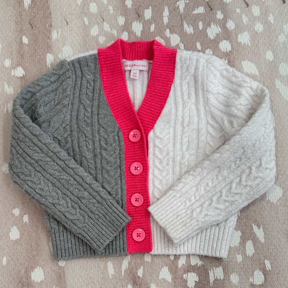 Design History Colorblock Cable Knit Cardigan Sweater – Pink, Gray & Ivory – 3T
